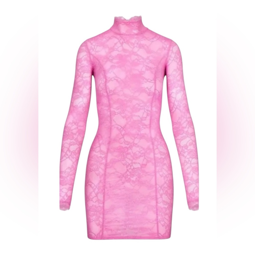 NWT Skims Pink Lace Form Fitting Mock Turtleneck Long Sleeve Mini Dress